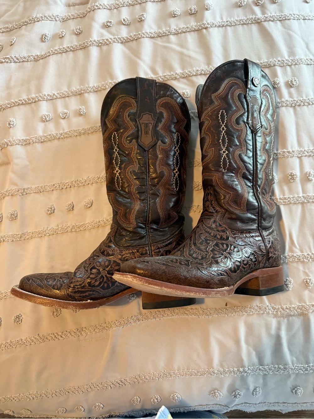 Embossed Brown Floral Tooled Western Boots